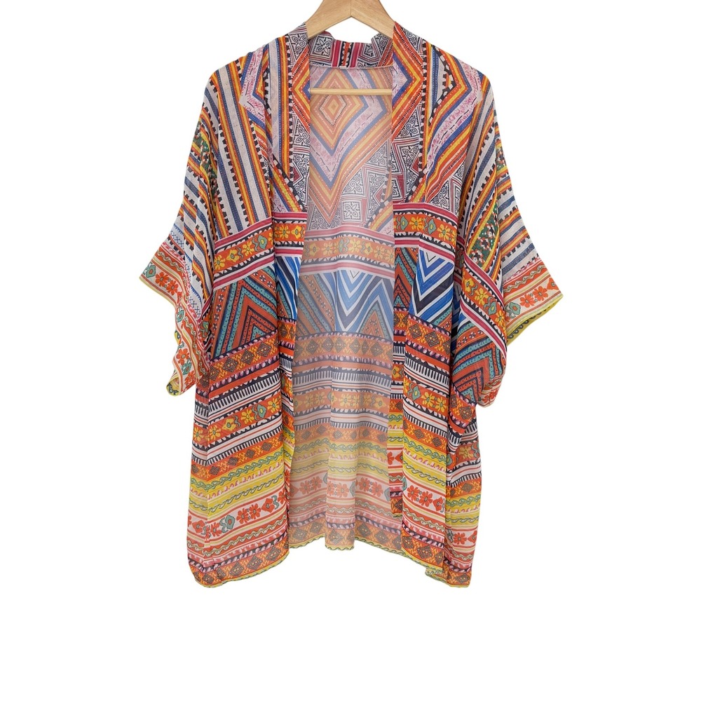 Boho Unbranded Kimono Cardigan Colorful Print‎ Open Front Beach Cover Up Small